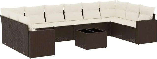 vidaXL 11-tlg. Garten-Sofagarnitur in L-Form aus Polyrattan mit Kissen, Braun - Bild 1