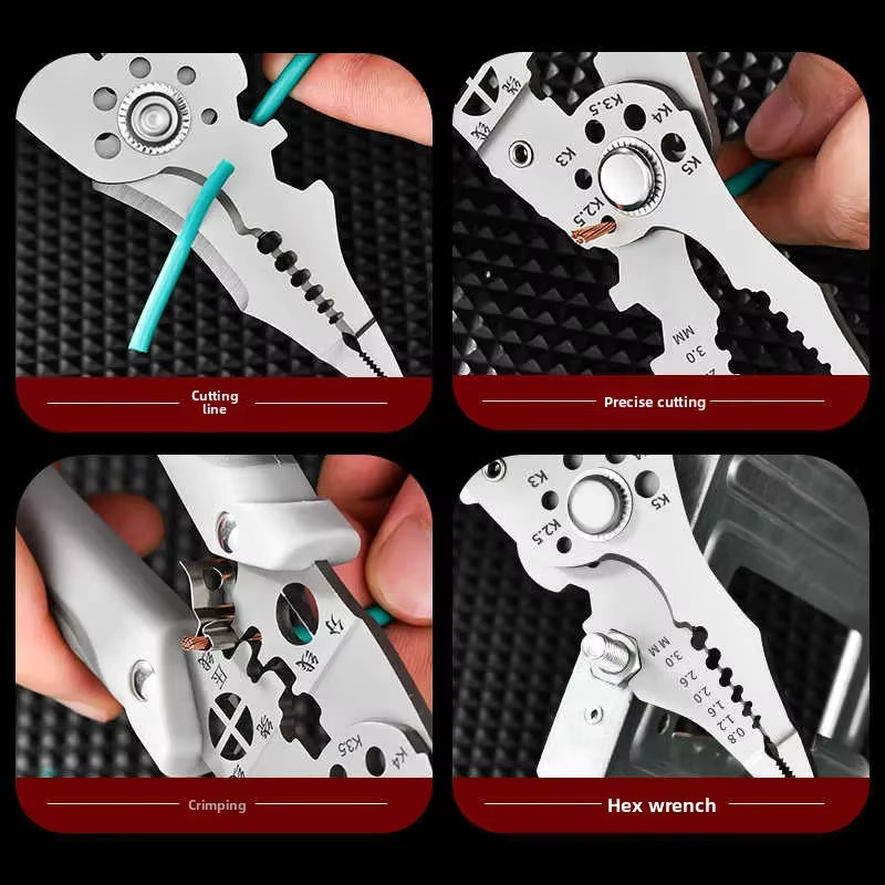 Multitool-Zange zum Abisolieren und Crimpen von Drähten, professionelles Elektriker-Werkzeugset mit Drahtschneider und Kabelabisolierer in Schwarz und Silber - Bild 4