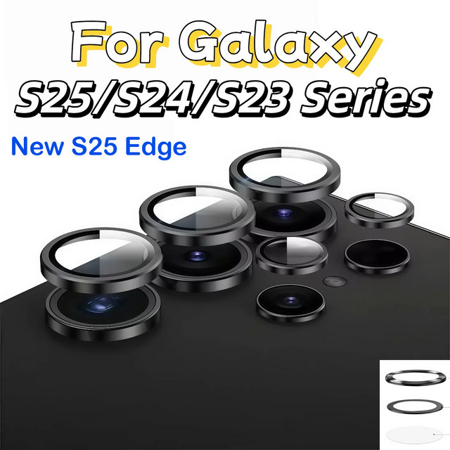 Kameraobjektivschutz aus 9H gehärtetem Glas mit Metallkappe für Samsung Galaxy S25 Edge FE, S24, S23 Ultra und S22 in Schwarz - Bild 1