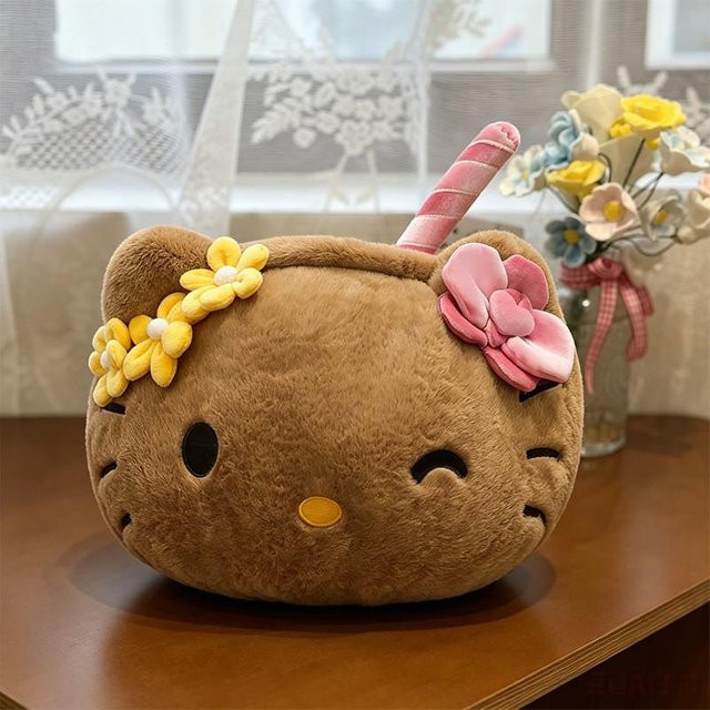 Hello Kitty Plüschkissen für Kinder von DewBloom, weiches Cartoon Kissen in Schwarz und Braun, B/B: 30 x 30 cm - Bild 1
