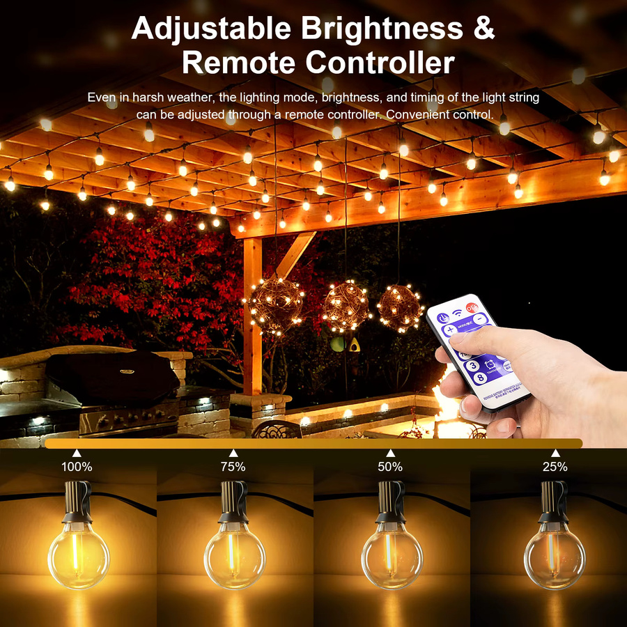 nexillumi Solar G40 Outdoor LED-Lichterkette mit Globus-Glühbirnen, Warmweiß, IP44, Dimmbar, Bruchsicher mit Fernbedienung, E12-Fassung, Schwarz - Bild 3
