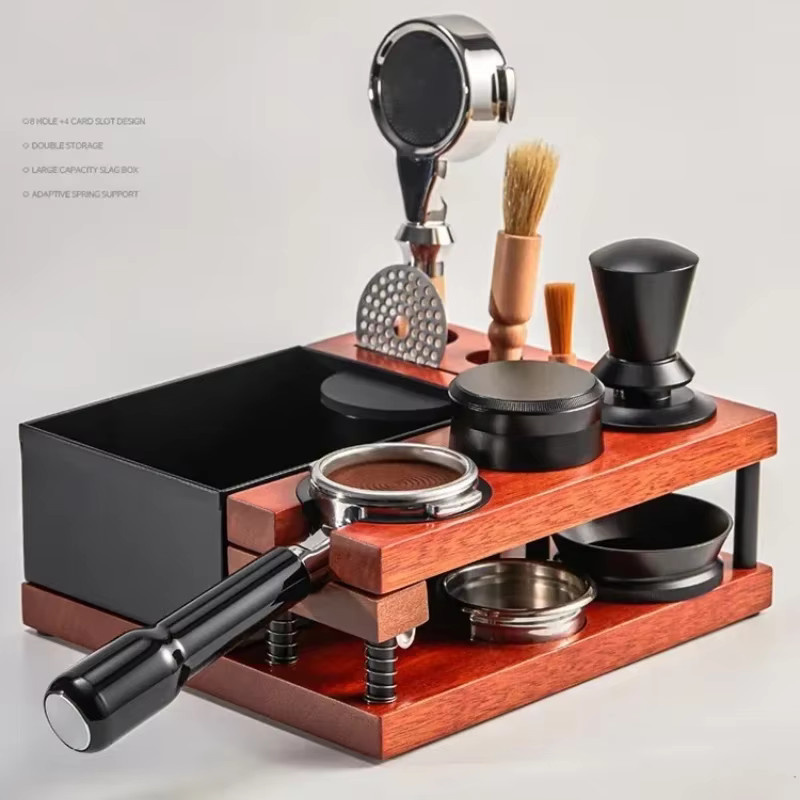 JUSTINLAU Kaffeepulverhalter mit Klopfbox und doppelschichtigem Holzverteiler in Braun für Siebträger 51 mm, 54 mm oder 58 mm inklusive Puck-Screen Aufbewahrungsbasis - Bild 2