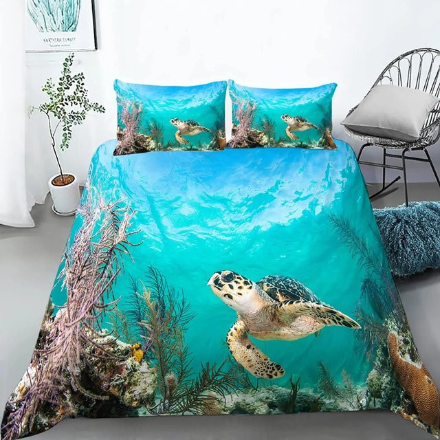 Meeresschildkröten Bettbezug Set aus Polyester in Blau für Teenager, 3-teilig, B/H: 264 x 228 cm - Bild 1