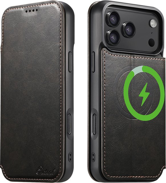 Newteneight Luxus Leder Brieftasche und Kartenhalter als magnetische MagSafe Hülle für iPhone 17 Air, 16, 15, 14, 13, 12 Pro Max in Schwarz - Bild 1