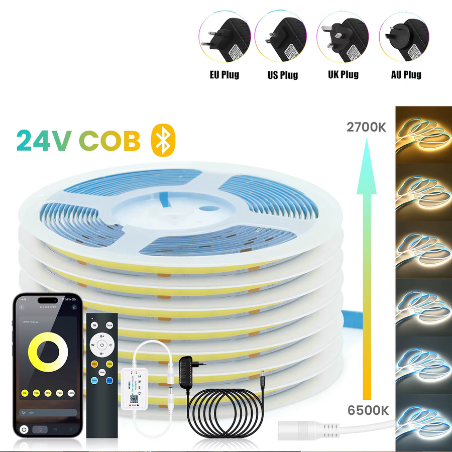 HEGEHE COB LED-Streifenleuchte mit Bluetooth App Steuerung, dimmbar, CCT 2700K - 6500K, 24V, weiß - Bild 5