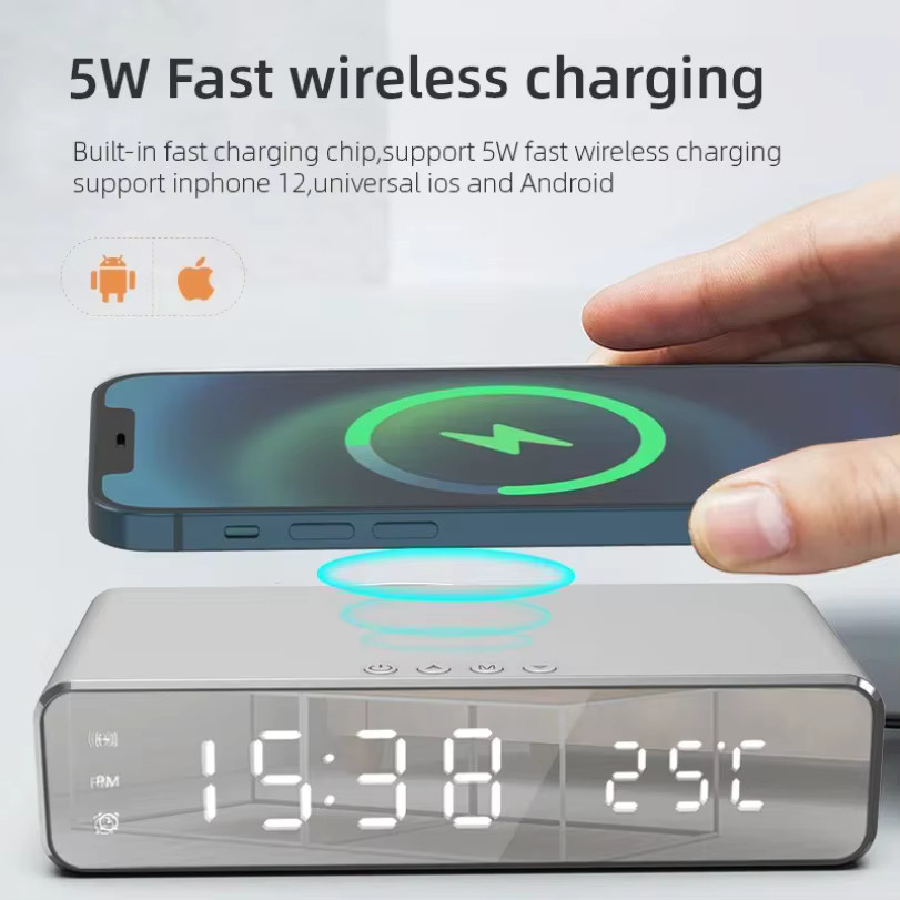 VIKEFON Kabelloses Desktop-Ladegerät mit Wecker, LED-Digitalthermometer und Schnellladestation für iPhone und Samsung, Schwarz - Bild 3