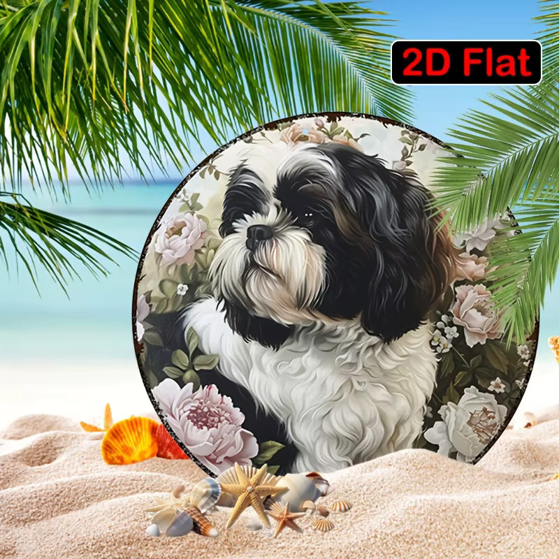 Rundes Aluminium-Metallschild von Potdemiel mit Blumen-Tzu-Hund-Motiv, Durchmesser: 20 cm, Mehrfarbig - Bild 3
