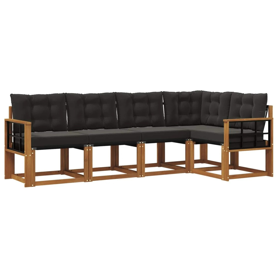 vidaXL Outdoor-Sofagarnitur 5-teilig in L-Form aus Akazienholz mit Textilene und Kissen, Schwarz und Natur - Bild 2