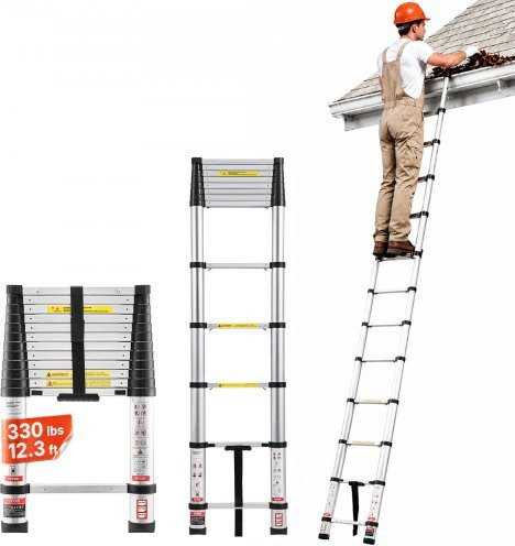 VEVOR Teleskopleiter aus Aluminium in Silber, Mehrzweck-Klappleiter mit Einhand-Einzug, belastbar bis 150 kg, Höhe: 374 cm - Bild 1