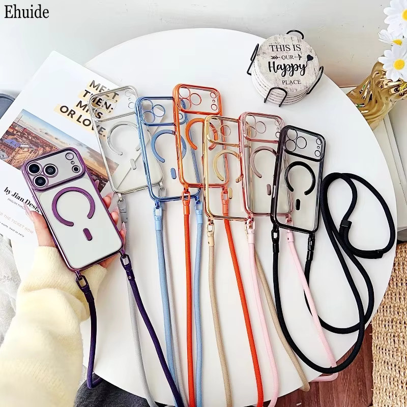 EHUIDE Magnetische Lanyard-Hülle für iPhone 13 14 15 16 17 Pro Max Plus, Stoßfeste Crossbody-Halskordel-Hülle mit transparentem Cover, Pink - Bild 1