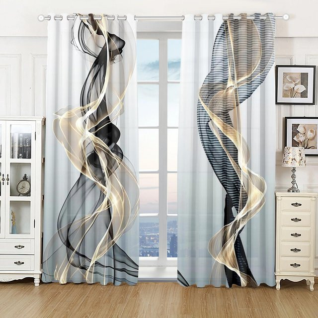 Yiran Furniture 2-teiliger lichtfilternder Vorhang mit abstraktem Streifenmuster in Schwarz und Gold, B: 75 cm, H: 166 cm - Bild 1