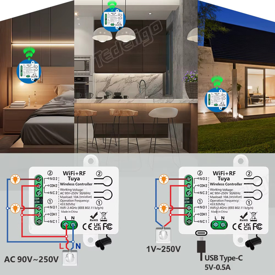 Tuya WLAN Smart Switch 2-Kanal Empfängerrelais in Weiß zur Steuerung von Licht und Garagenmotor, kompatibel mit Alexa und Google Home, AC 110V-220V - Bild 3