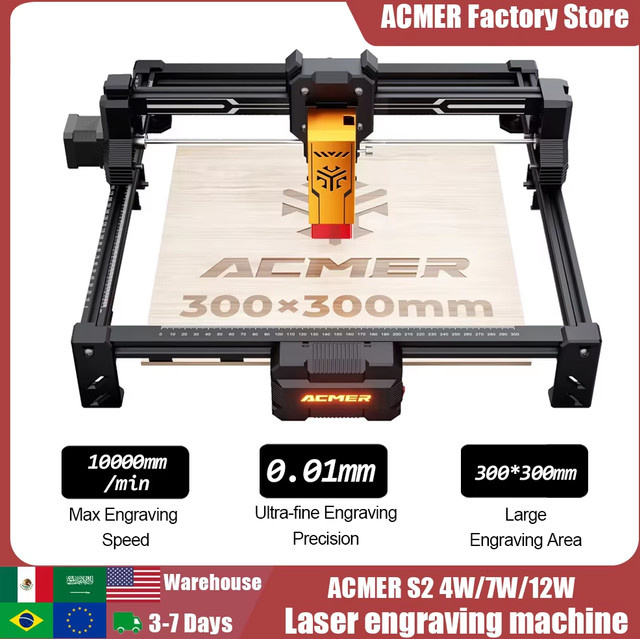 Acmer S2 Lasergraviergerät CNC-Maschine mit 300x300 mm Arbeitsbereich und LightBurn Kompatibilität für Holz, Leder und Geschenkherstellung in Schwarz - Bild 1