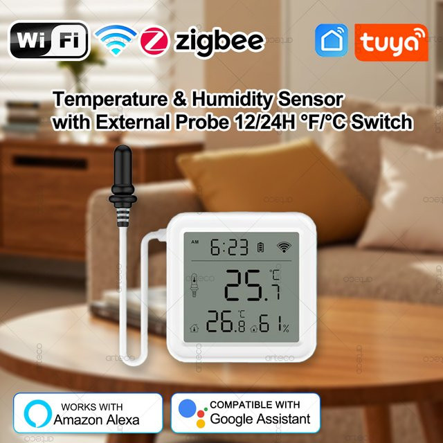 Tuya Smart WiFi Zigbee Temperatur-Feuchtigkeitssensor mit externer Sonde und LCD-Bildschirm, Thermohygrometer in Weiß, kompatibel mit Alexa und Google Home - Bild 1