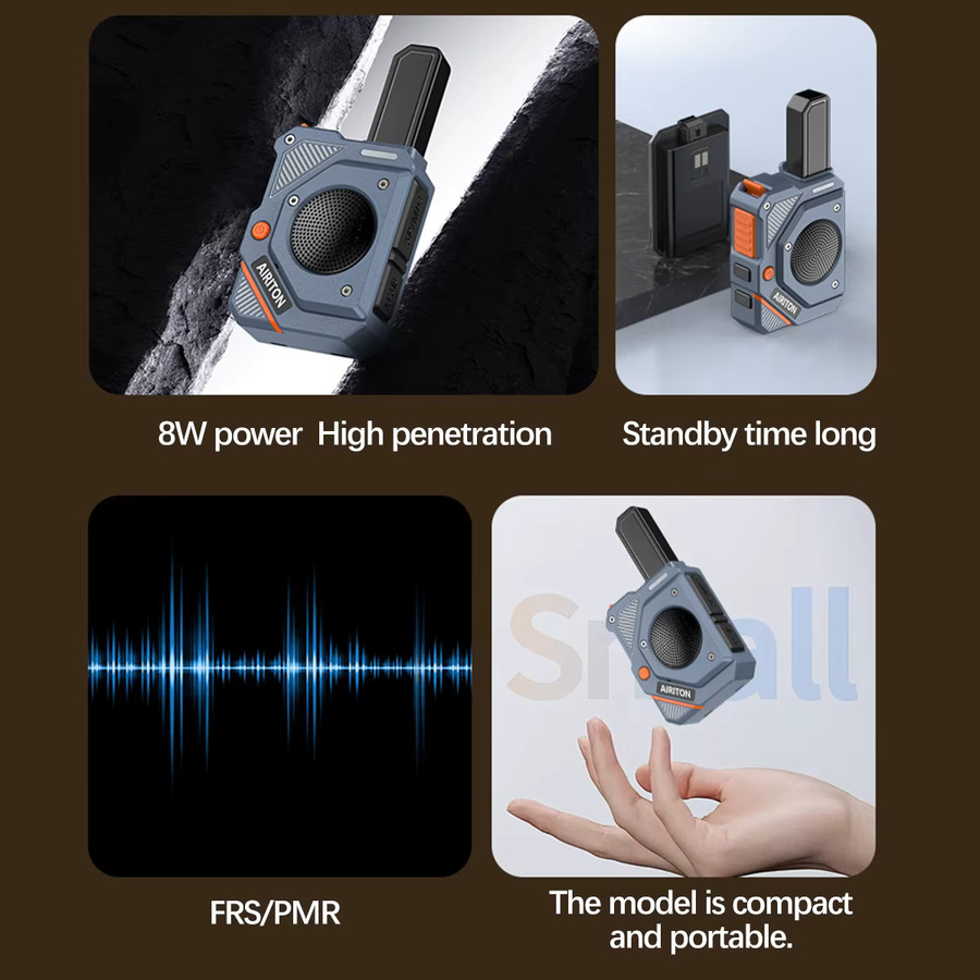 AIRITON AI-168 Mini Walkie Talkie Set, 2er Pack, Wiederaufladbare PMR/FRS Funkgeräte in Grau mit USB-C Ladegerät - Bild 2