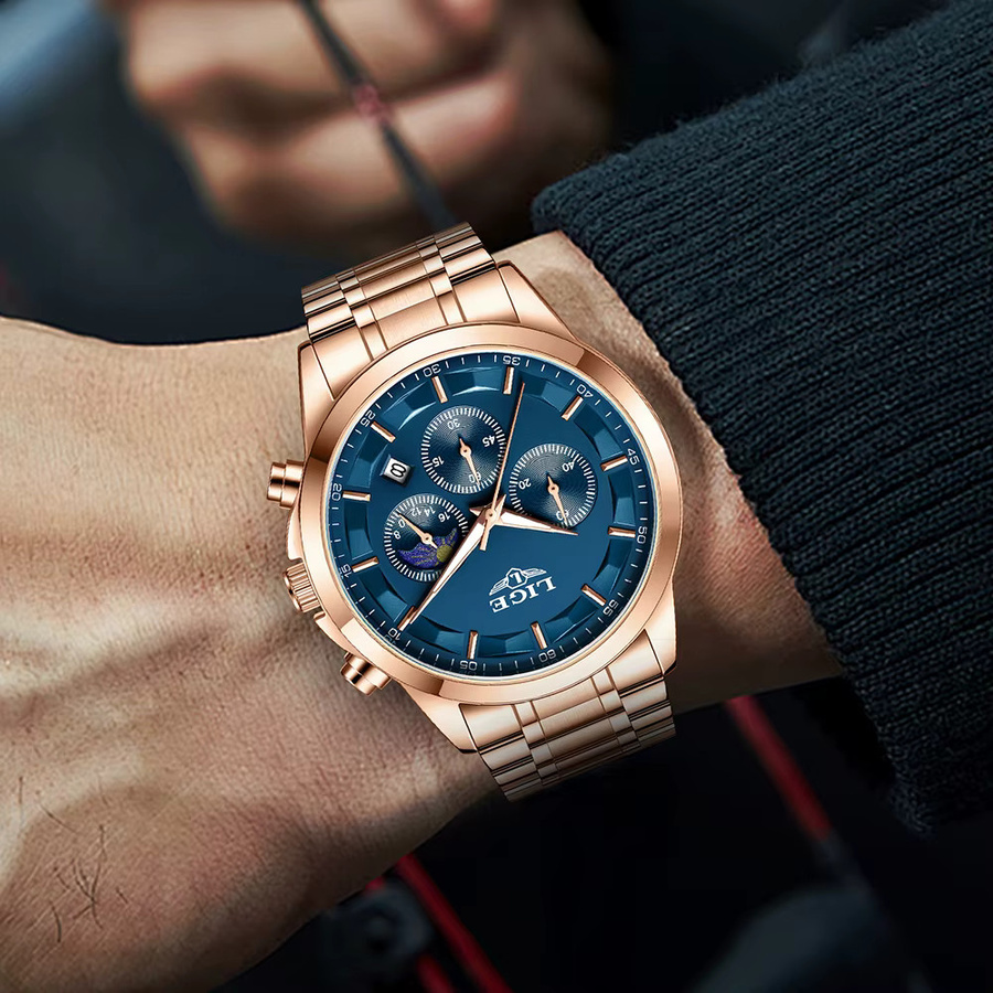 LIGE Armbanduhr Chronograph, Quarz, Edelstahl, Blau, Herren - Bild 5