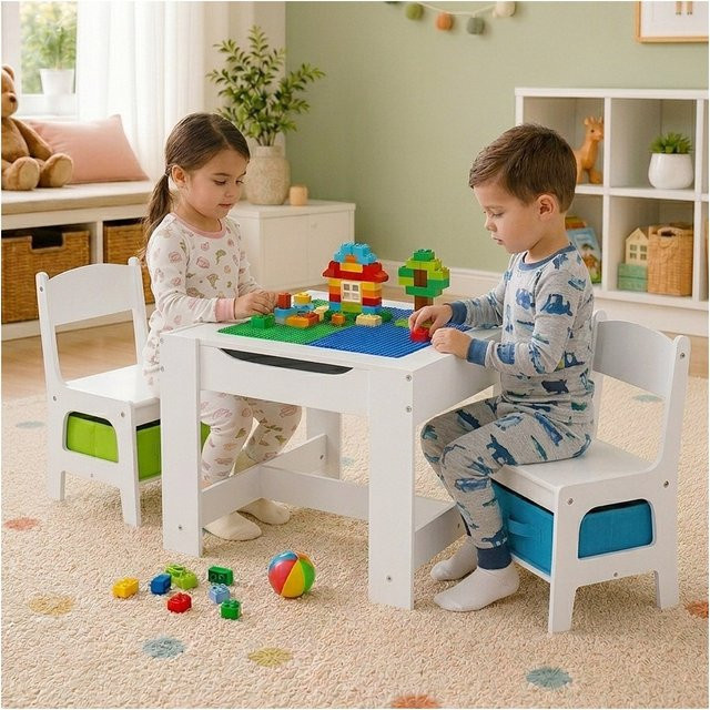 Baby Vivo Kindersitzgruppe Moritz aus Holz mit multifunktionalem Tisch und 2 Stühlen in Weiß - Bild 1