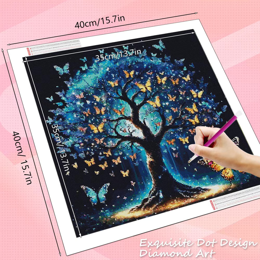 HUACAN Diamantmalerei Set Baum Landschaft mit Schmetterling und Tieren als Mosaik Wanddeko mit runden Steinen, B/H: 20 x 20 cm - Bild 2