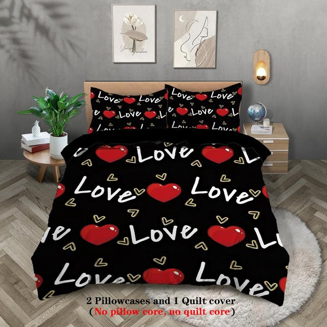 3-teiliges Bettwäsche-Set Practical Home Decor mit rotem Lippenabdruck und Love-Muster, Farbe: Rot/Schwarz, B/H: 135 x 200 cm - Bild 1