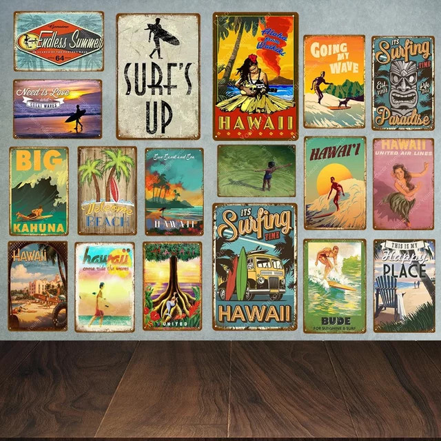 Vintage Hawaii Surfs Up Beach Willkommen Metallschild Potdemiel Wanddekoration im Retro-Design, Mehrfarbig - Bild 1
