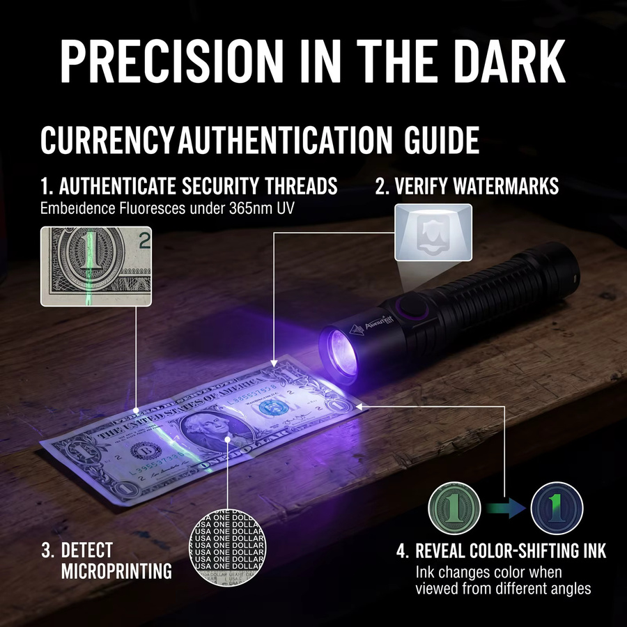 Alonefire 5W UV-LED Schwarzlicht-Taschenlampe 365nm in Schwarz, USB-wiederaufladbar zur Detektion von Haustierflecken, Tinea, Geldscheinen und Skorpionen - Bild 3