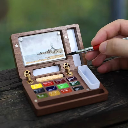 Tragbare Mini Aquarell Palette aus Holz in Walnuss Braun mit 12 festen Aquarellfarben und Magnetverschluss für unterwegs