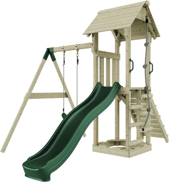 PolarPlay Spielturm Göteborg aus Holz mit Schaukel und Rutsche in Grün - Bild 1