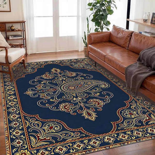 VIKAMA Orient Teppich mit Paisley-Design in Blau, rutschfest und pflegeleicht für dein Wohnzimmer - Bild 1