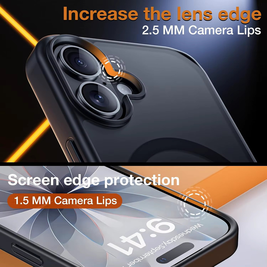 Magnetische NYFundas Schutzhülle mit Display- und Kameraobjektivschutz für iPhone 12 bis iPhone 17 Air/16 Pro Max/15 Plus in Schwarz und Orange - Bild 2