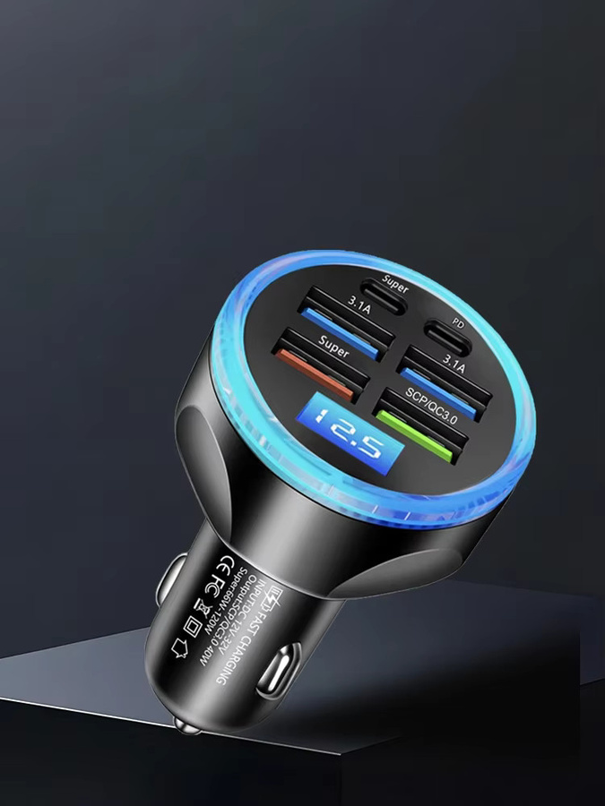 UYUXIO Auto-Ladegerät mit LED-Digitalanzeige und 6 Anschlüssen, PD 30W Schnellladegerät für iPhone, Schwarz - Bild 7
