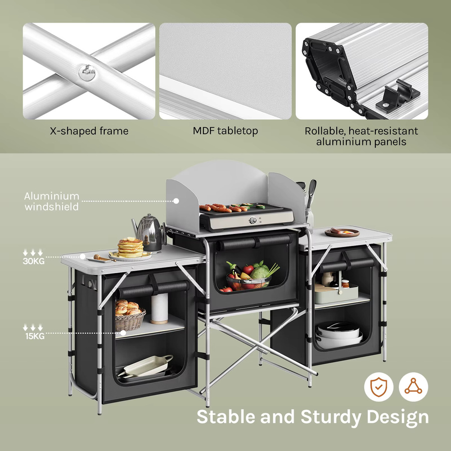 WOLTU Klappbarer Camping-Küchenschrank aus Aluminium in Schwarz mit Arbeitsplatten und Stauraum für Outdoor-Picknick und Grillen - Bild 3
