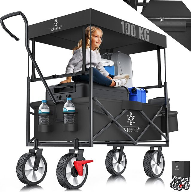 KESSER Bollerwagen faltbar mit Dach, Transportkarre und Gerätewagen mit Vollgummi-Reifen, 2 Netztaschen, Außentasche und Vorderrad-Bremse, bis 100 kg Tragkraft - Bild 1