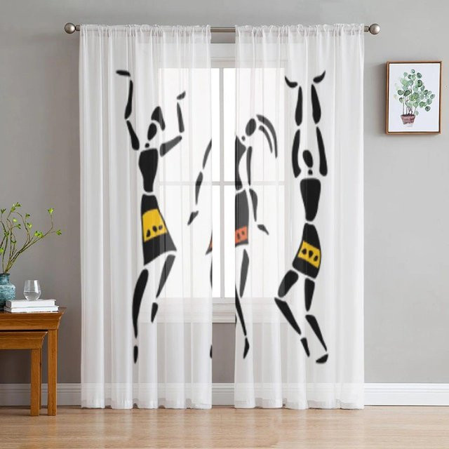A Family Of Home Textiles Transparente Voile-Organza-Vorhänge mit Afrikanischen Tänzerinnen Motiv in Weiß, Breite: 135 cm, Höhe: 137 cm - Bild 1