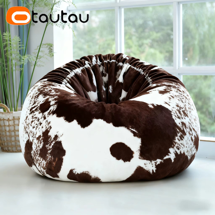 OTAUTAU Sitzsackbezug aus Kunstfell im Kuh-Tiermuster, Pouf Ottomane DD162, Weiß/Mehrfarbig - Bild 4