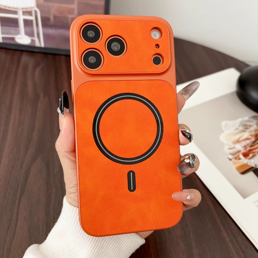 LICOERS Leder-Magnet-Hülle mit Metallic-Lackierung für iPhone 17 16 15 14 13 Pro Max Air, MagSafe kompatibel mit Rundum-Kameraschutz und Stoßfänger-Funktion in Schwarz oder Orange - Bild 2