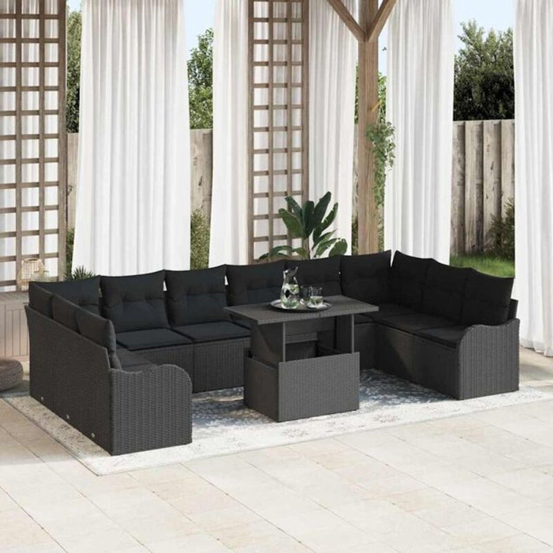Vidaxl Garten-Sofa-Set aus 11 Teilen in Schwarz, modernes Polyrattan Loungemöbel-Set, B/T/H: 100 x 55 x 73 cm - Bild 1