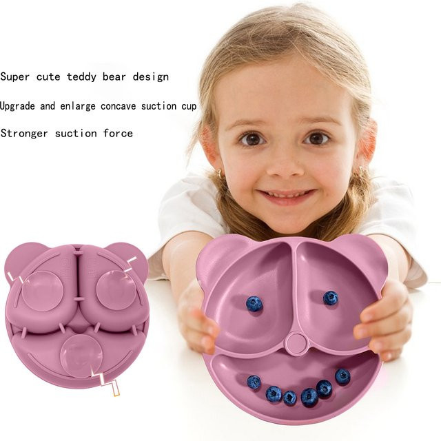 Silikongeschirr-Set Bärenanzug für Kinder mit Saugplatte, geteiltem Futterteller, Löffel und Gabel, Anti-Kipp-Set in Blau oder Pink - Bild 1