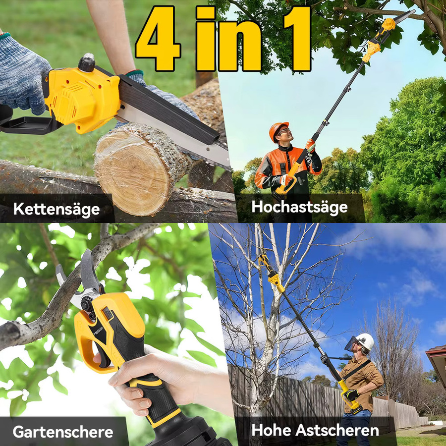 MELLWIN 4-in-1 Gartenpflegewerkzeug Set mit bürstenloser 8-Zoll-Kettensäge, 32-mm-Gartenschere und 185 cm Teleskopstange in Gelb für Makita 18V Akku - Bild 2