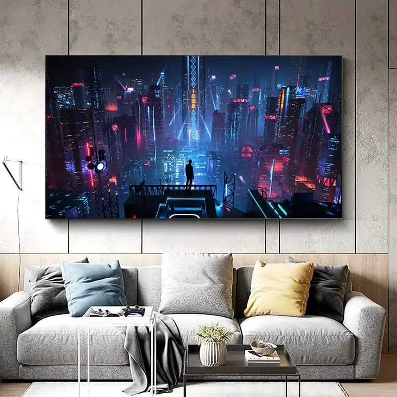 Cyberpunk Sci-Fi Leinwand Kunstdruck HALFLEMART mit Neonlichtern und nächtlicher Stadtlandschaft in Multicolour - Bild 4