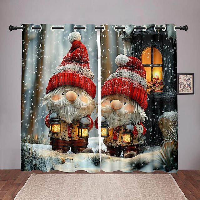 2er-Set Weihnachtsmann Dekorative Vorhänge mit Schnee- und Laternen-Motiv, Rot, B: 50 cm, H: 130 cm - Bild 1