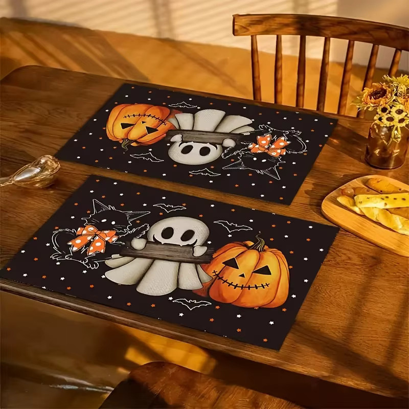 VIKAMA 4-teiliges Halloween-Tischset Set mit schwarzer Katze und Geist in Schwarz - Bild 3