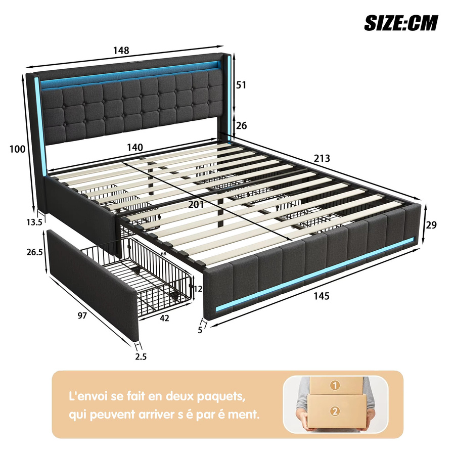 Rosahqnda Polsterbett mit Stauraum und LED-Beleuchtung sowie USB-Anschluss, B/T: 140 x 190 cm - Bild 2