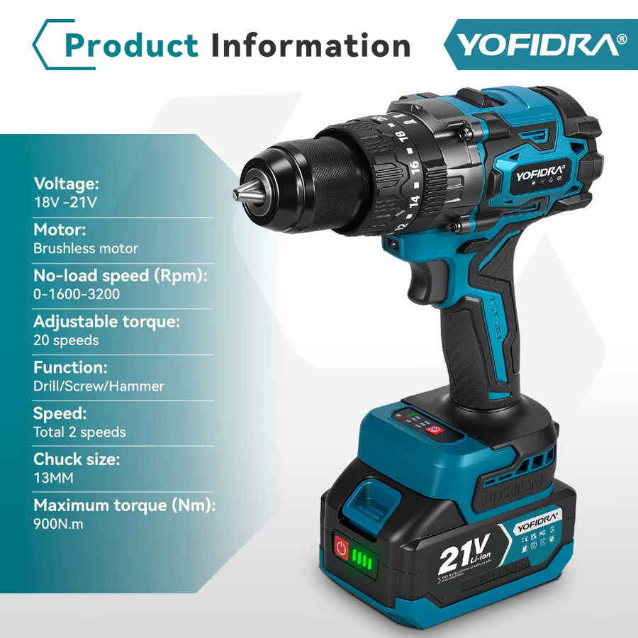 YOFIDRA Bürstenlose elektrische Schlagbohrmaschine und Akkuschrauber in Blau, kompatibel mit Makita 18V LXT Akkus, 900N.M Drehmoment, 3200 RPM, 13mm Bohrfutter - Bild 3