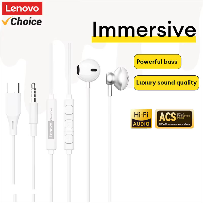 Lenovo Y103 Pro Gaming-In-Ear-Kopfhörer mit Mikrofon, Stereo-Headset mit 3,5 mm Klinke und USB-C Anschluss, Weiß - Bild 1