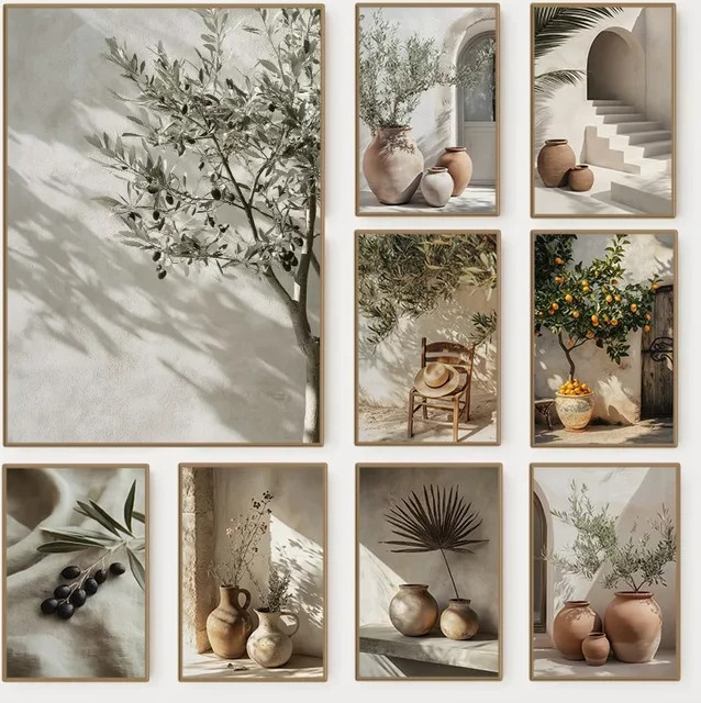 Minimalistisches Leinwandgemälde mit botanischem Olivenbaum im Potdemiel-Stil als mediterranes Stillleben für deine Wanddekoration - Bild 1