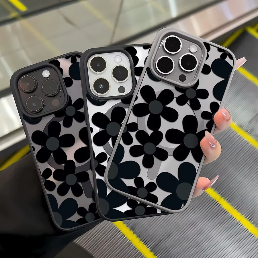 Schwarze iPhone Schutzhülle mit Blumen-Design, kabellose Ladefunktion und Trageschlaufe für Apple iPhone 11 bis iPhone 17 Pro Max - Bild 3