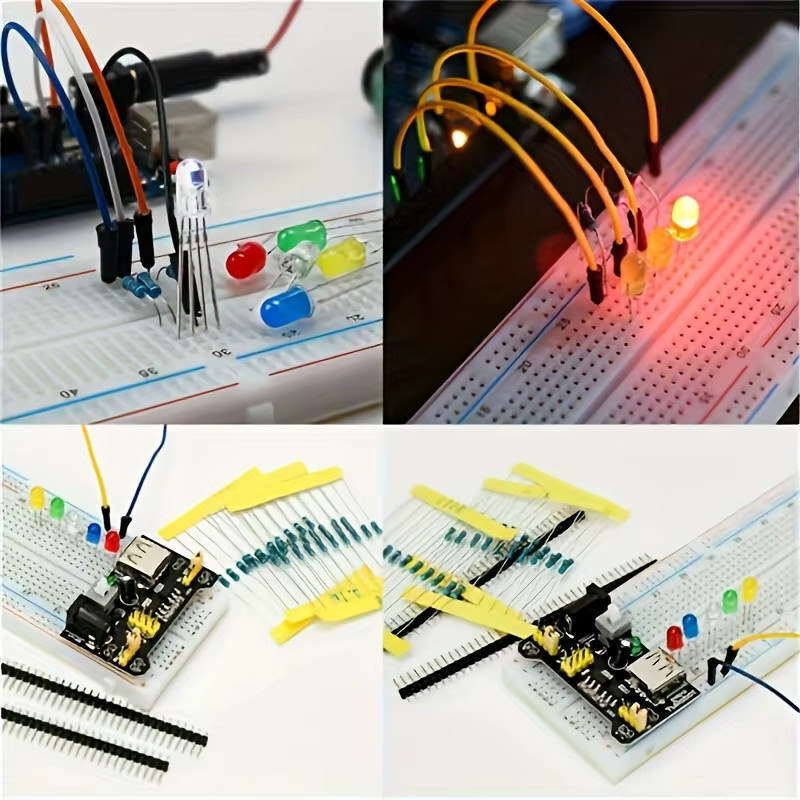 HXTUO MB-102 Elektronisches Komponenten-Kit für Anfänger mit 830-Loch-Steckplatinen, LEDs, Widerständen und Elektrolytkondensatoren, Multicolor - Bild 3