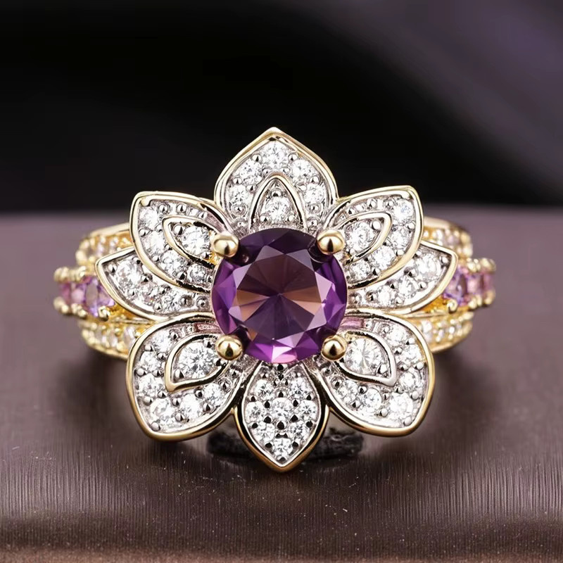 Huitan Blumenring, Goldfarben, lila Zirkonia - Bild 2