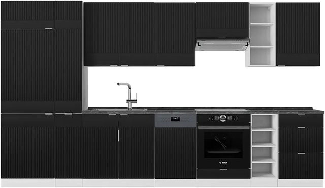 Vicco Fame-Line Küchenzeile in Schwarz gestreift und Weiß, Breite: 355 cm, Anthrazit, matt - Bild 1