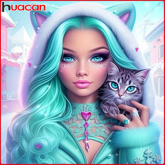 Huacan Mädchen Diamantmalerei, Mosaik Katze, Set, bunt, rund - Bild 1